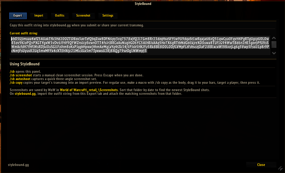 StyleBound addon Export tab showing an outfit export string and usage notes.