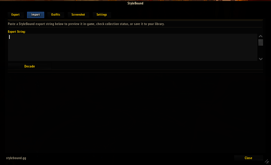 StyleBound addon Import tab with a text area for pasting an export string.