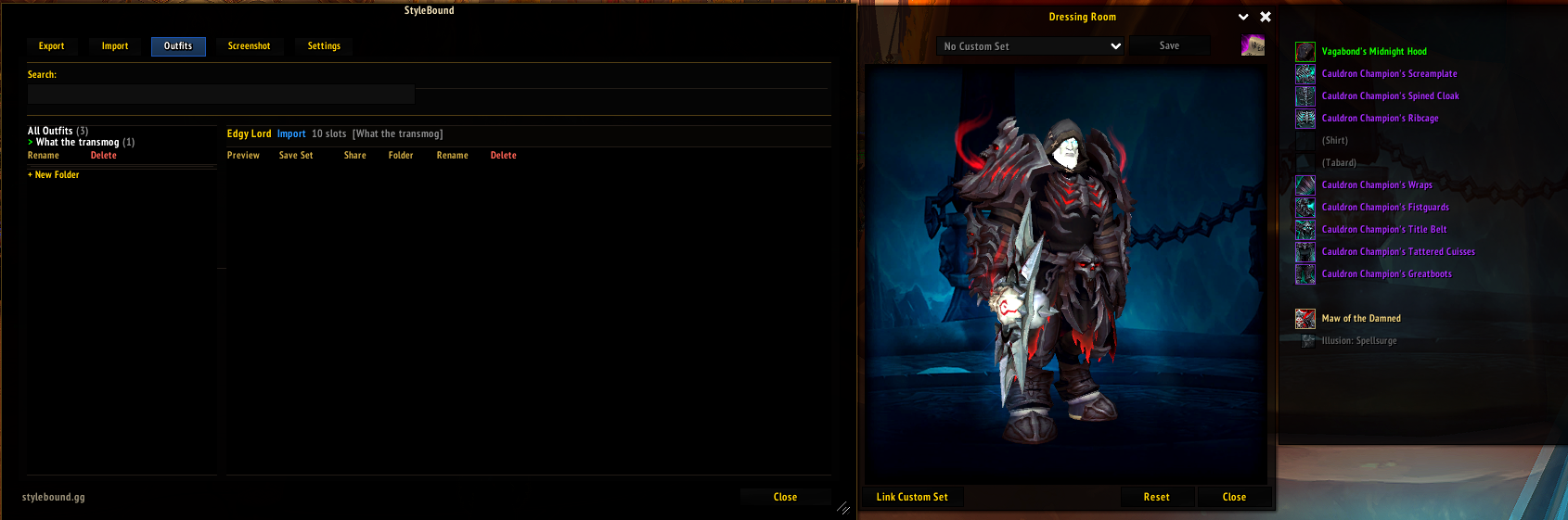 StyleBound addon outfit library next to the World of Warcraft dressing room preview.