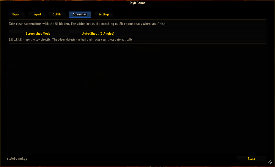 StyleBound addon Screenshot tab with screenshot and auto-shoot mode controls.