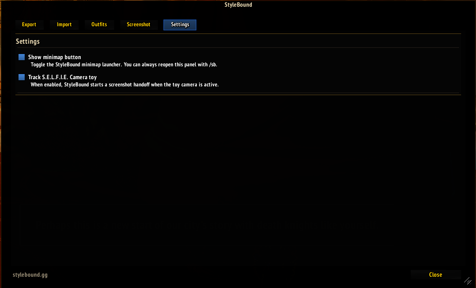 StyleBound addon Settings tab with minimap and S.E.L.F.I.E. Camera options.